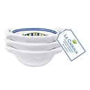 Set of white ceramic bowls with a Le Cadeaux tag on a white background