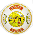 Round container with 'Aceite Extra Fino' branding and a scenic illustration on a white background