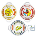Three decorative olive oil bowls with colorful labels featuring vintage artwork and brand names.
