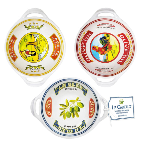 Three decorative olive oil bowls with colorful labels featuring vintage artwork and brand names.