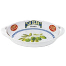 White melamine dish with 'La Olea' branding and olive design on a white background