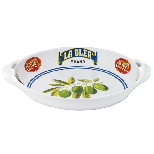White melamine dish with 'La Olea' branding and olive design on a white background