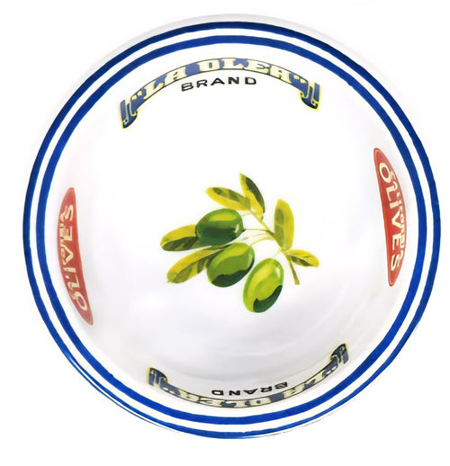Decorative bowl with olive design and 'Olive Oil' branding on a white background