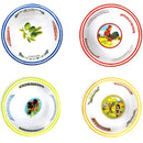 Four ceramic bowls with colorful designs and text on a white background
