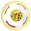 Decorative bowl with a central illustration of a woman under a tree, surrounded by yellow border and text.