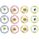 Set of twelve ceramic bowls with various colorful designs on a white background