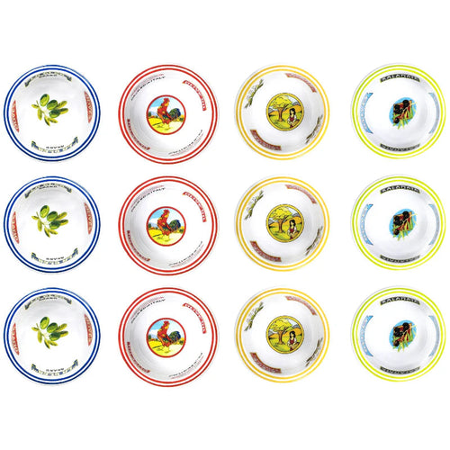 Set of twelve ceramic bowls with various colorful designs on a white background