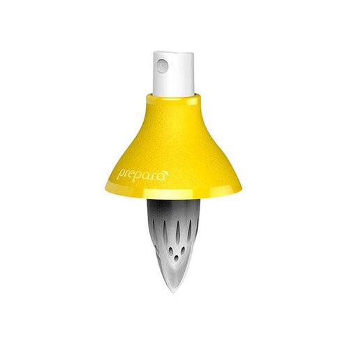 A lemon-lime mister with the brand name prepara on it on a white background.