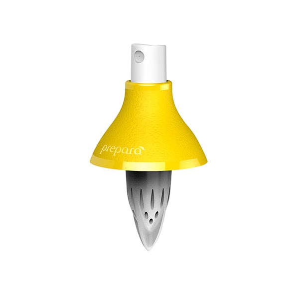 A lemon-lime mister with the brand name prepara on it on a white background.