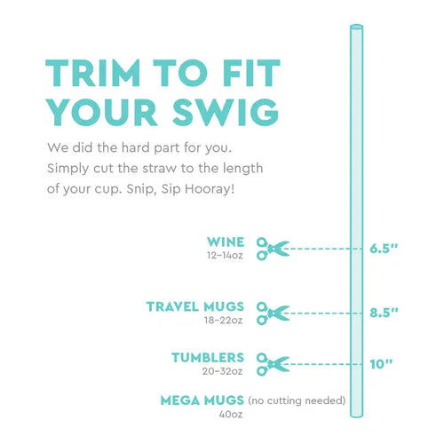 Straw length guide for different types of cups with text 'Trim to Fit Your Swig'.