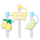 Straw set with lemon-themed toppers and 'squeeze the day' text on a white background