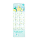 Packaged straw toppers with lemon design on a white background