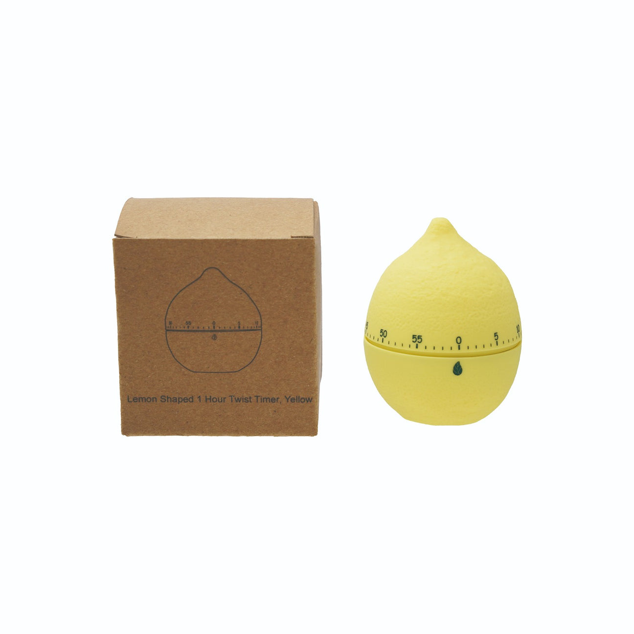 Yellow lemon-shaped timer with brown box on a white background