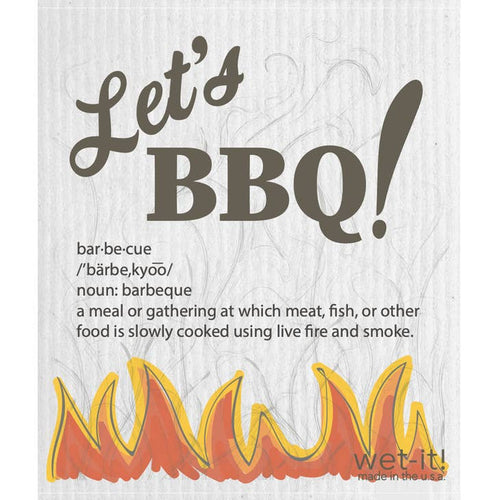 Swedish cloth with 'Let's BBQ' text and a graphic of flames underneath.