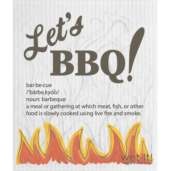 Swedish cloth with 'Let's BBQ' text and a graphic of flames underneath.
