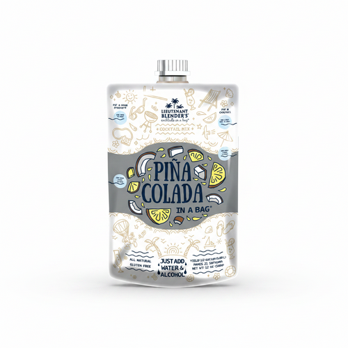 Pina Colada cocktail mix in a bag with branding and product details.