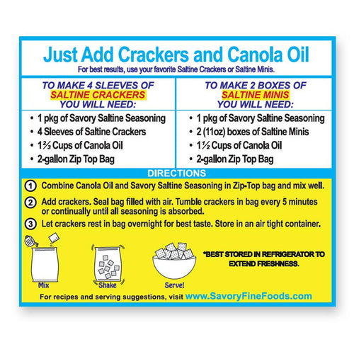 Instructions for making savory saltine crackers with canola oil on a blue and yellow background.