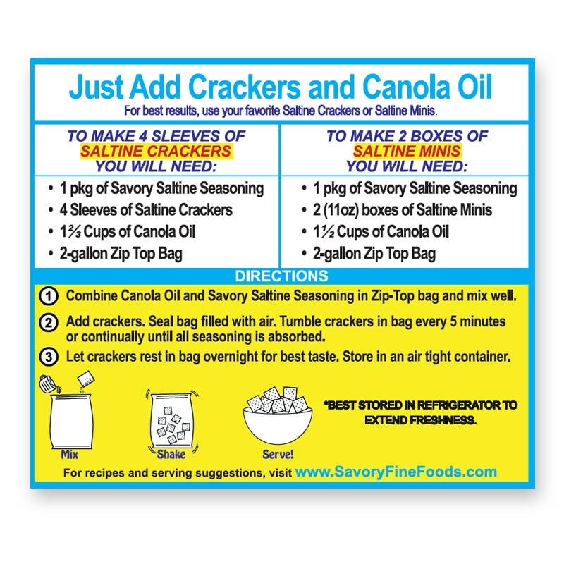 Instructions for making savory saltine crackers with canola oil on a blue and yellow background.
