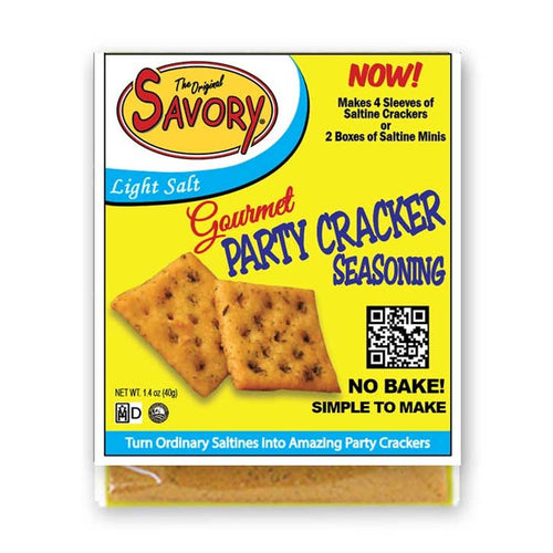 Savory Gourmet Party Cracker Seasoning packaging with crackers on a yellow background
