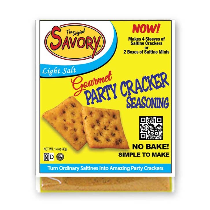 Savory Gourmet Party Cracker Seasoning packaging with crackers on a yellow background