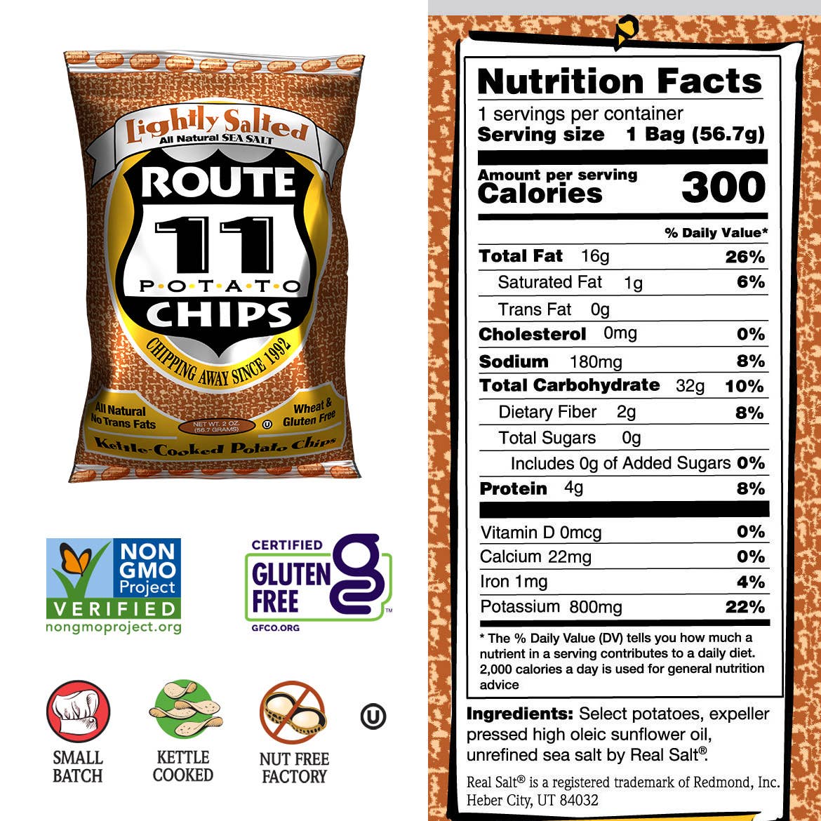 Route 11 Potato Chips packaging with nutrition label and certification logos.