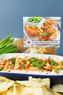 Loaded baked potato dip mix, green onions, and chips on a blue background.
