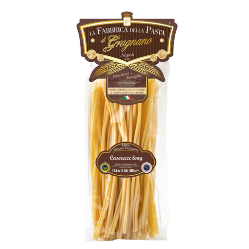 Packaged pasta with 'La Fabbrica della Pasta' branding on a white background