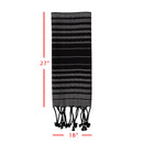 Black and gray striped kitchen towel with measurements on a white background
