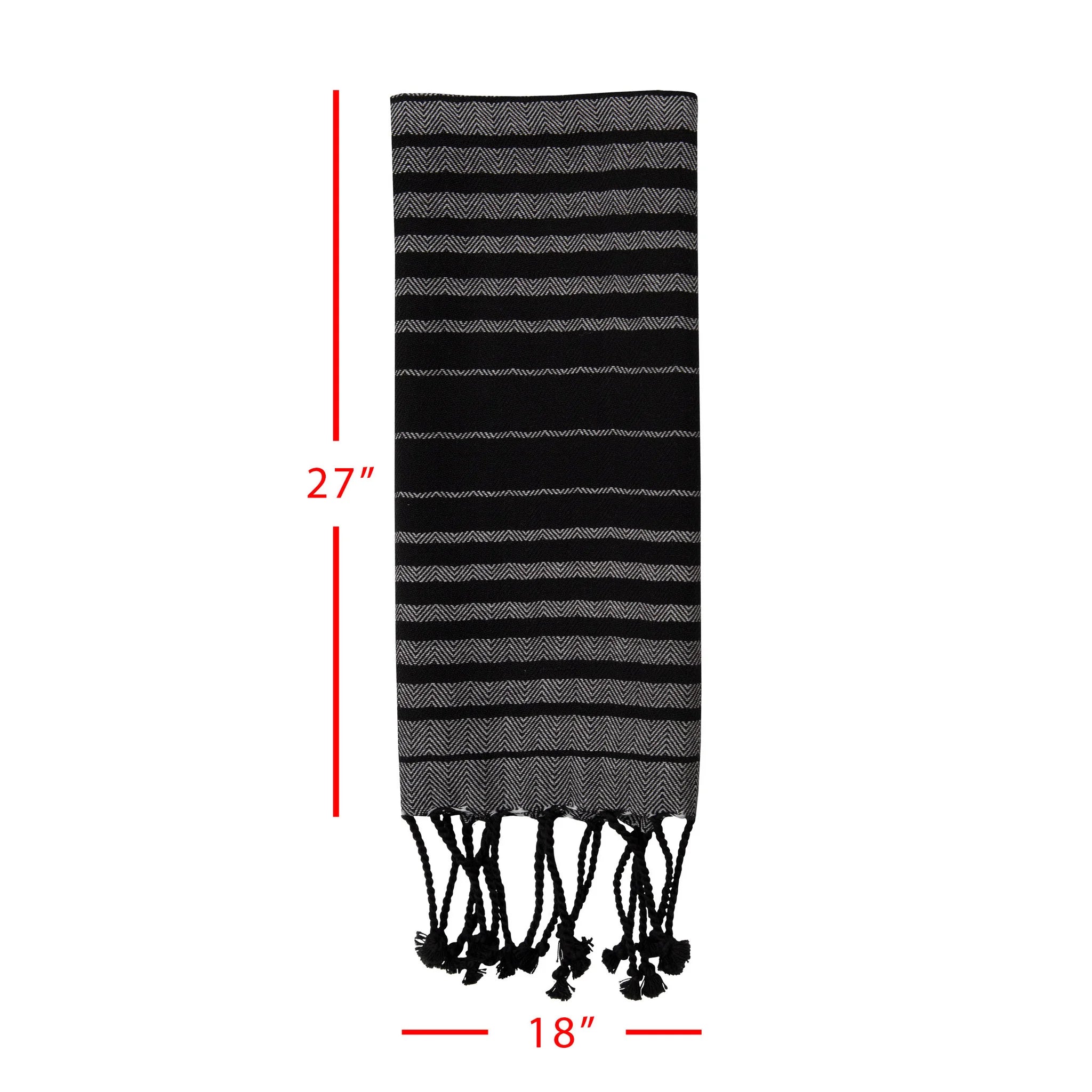 Black and gray striped kitchen towel with measurements on a white background