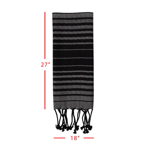 Black and gray striped kitchen towel with measurements on a white background