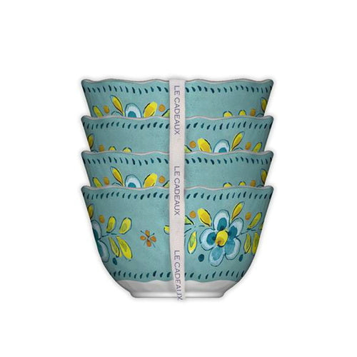 Set of four decorative bowls with floral patterns on a white background