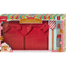 Packaging for 'Make Your Own Gingerbread House Set' with a gingerbread man and house shapes, along with tools and decorative stencils illustrated on the box.
