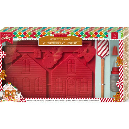 Packaging for 'Make Your Own Gingerbread House Set' with a gingerbread man and house shapes, along with tools and decorative stencils illustrated on the box.