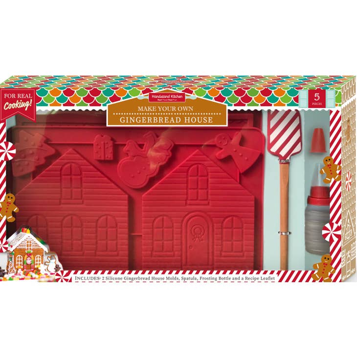 Packaging for 'Make Your Own Gingerbread House Set' with a gingerbread man and house shapes, along with tools and decorative stencils illustrated on the box.