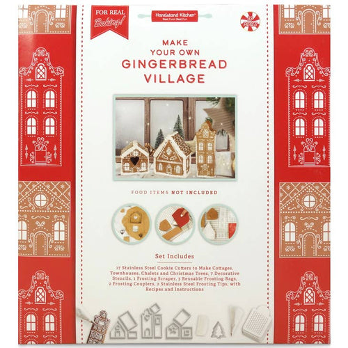 Packaging for 'Make Your Own Gingerbread Village' kit, featuring an image of a gingerbread village with cottages, townhouses, and chalets, along with a list of included cookie cutters and tools.