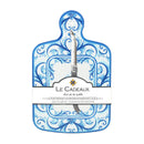 Le Cadeaux cheeseboard with decorative blue patterns on a white background