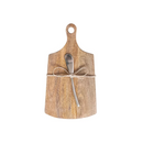 Mango wood cutting board with a canape knife on a white background