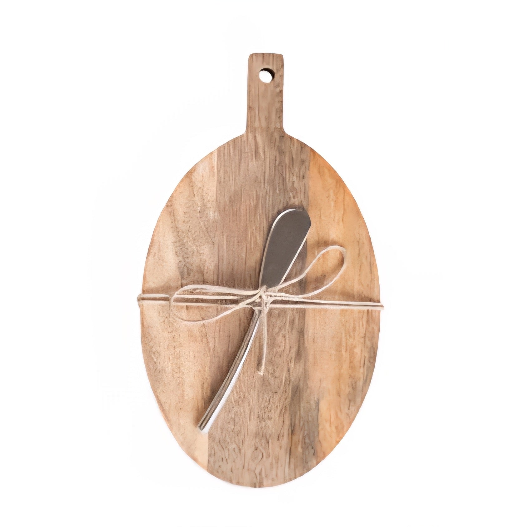 Oval mango cutting board with a canape knife tied together on a white background
