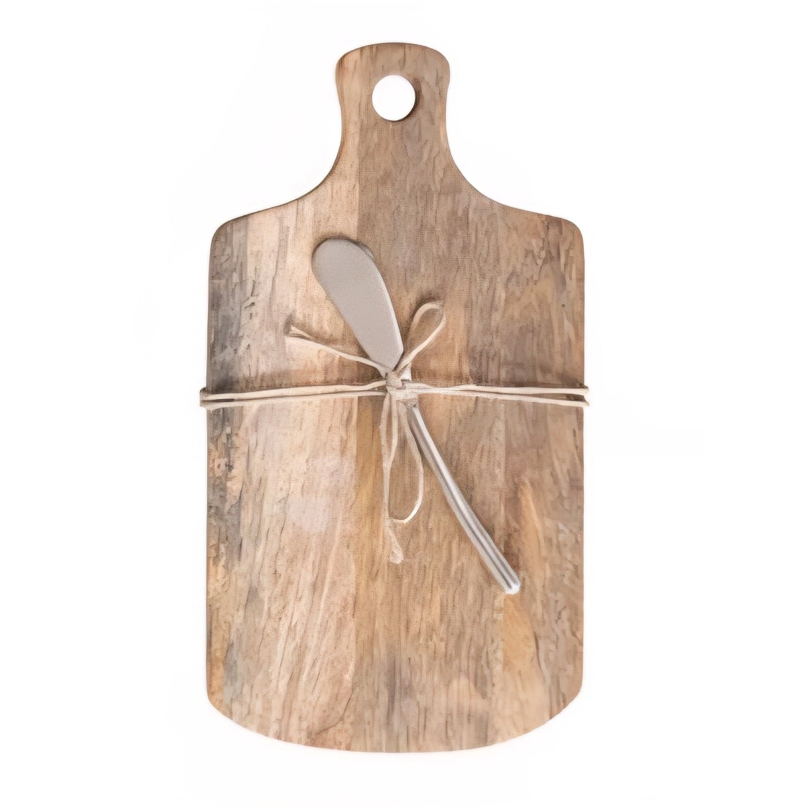 Mango cutting board with a canape knife tied together on a white background