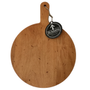 Round maple wood cutting board with a diameter of 8 inches, hanging by a knot hole, displaying the brand 'JK Adams' on a tag.