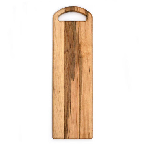 Wooden serving board with handle on a white background