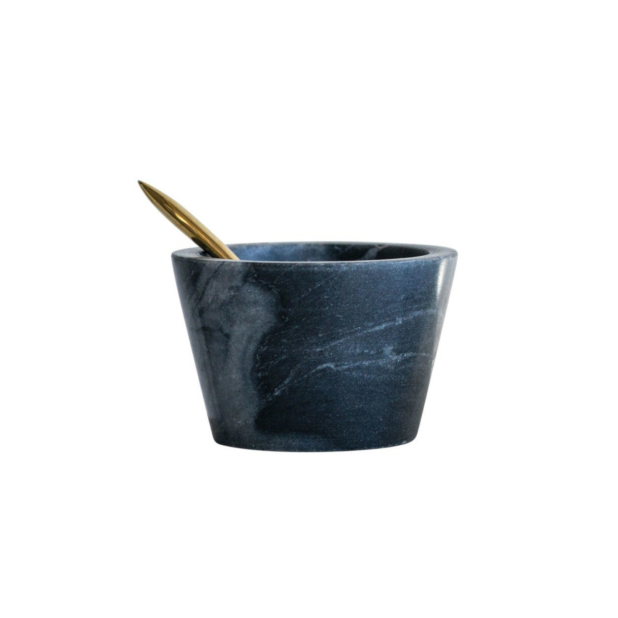 Blue-gray marble bowl with a gold spoon on a white background