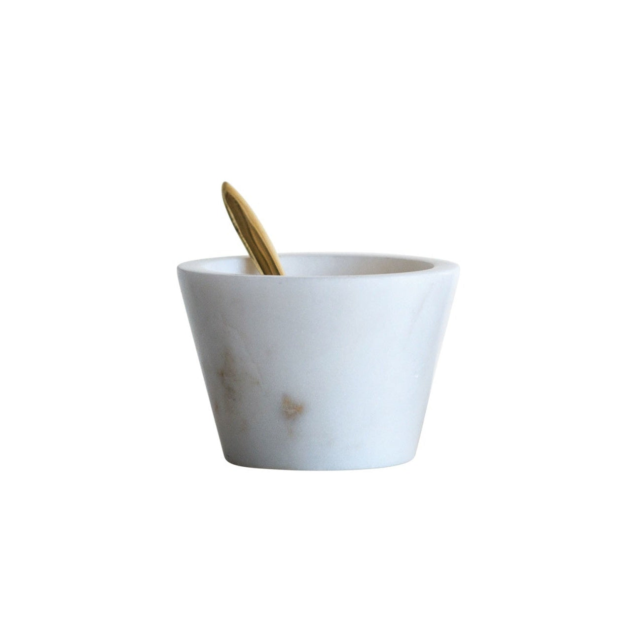 White marble bowl with a wooden spoon on a white background