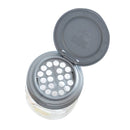 A gray reCAP shaker insert for mason jars, showing two different hole sizes for fine and coarse shaking.