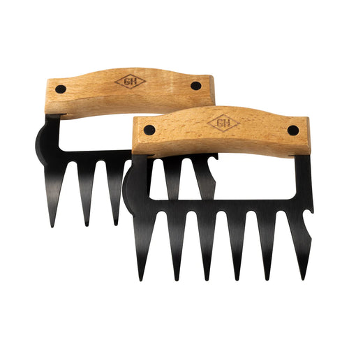 Two wooden-handled meat shredders with black metal teeth on a white background