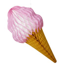 An oversized decorative ice cream cone with pink and yellow layers on a white background, designed for use as table decor.