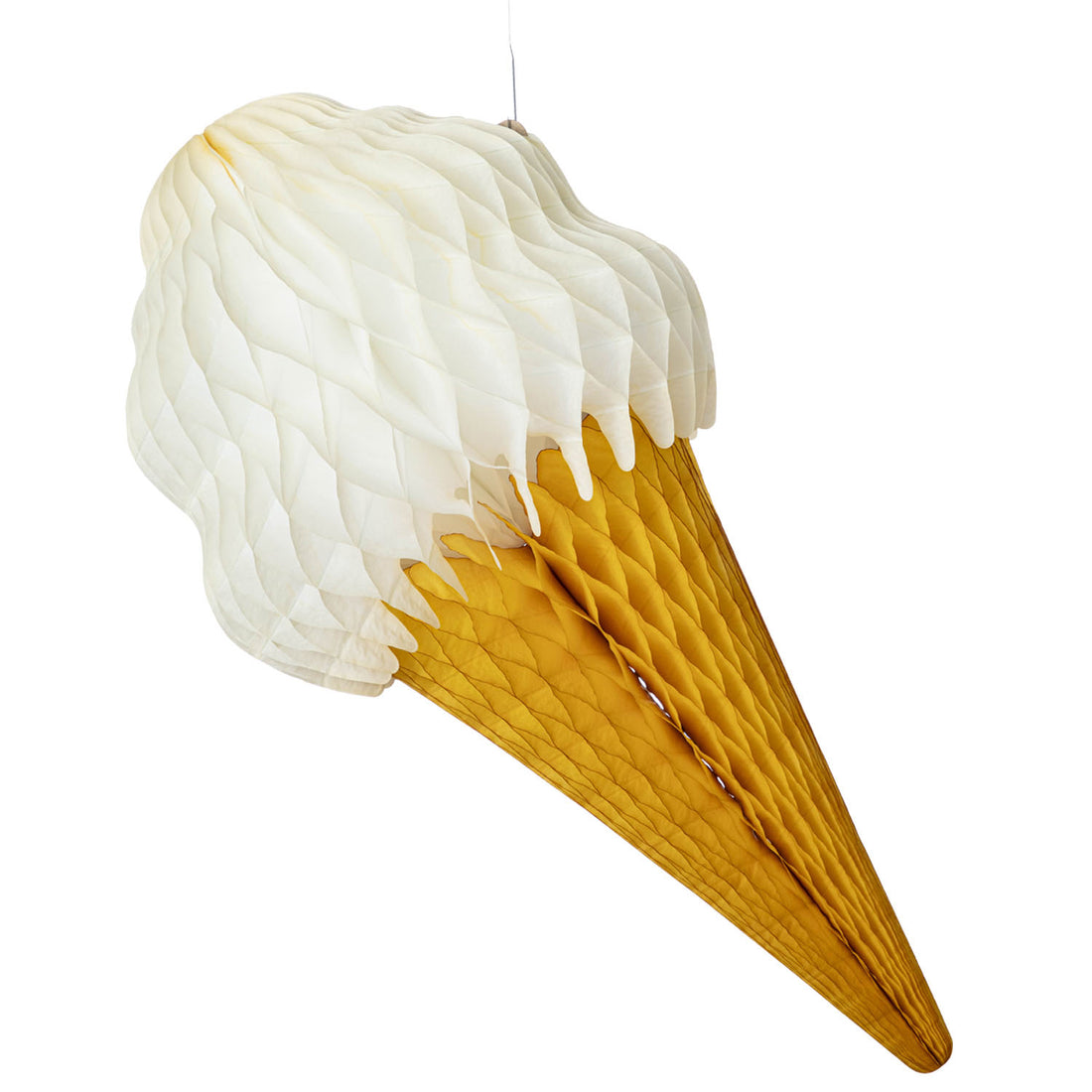 An oversized decorative ice cream cone with pink and yellow layers on a white background, designed for use as table decor.