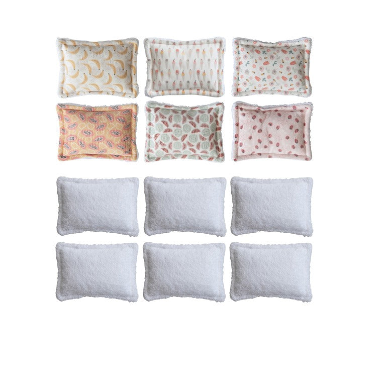 Set of patterned scrubbys on a white background