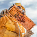 Person in a beekeeping suit holding a honeycomb with bees against a cloudy sky.
