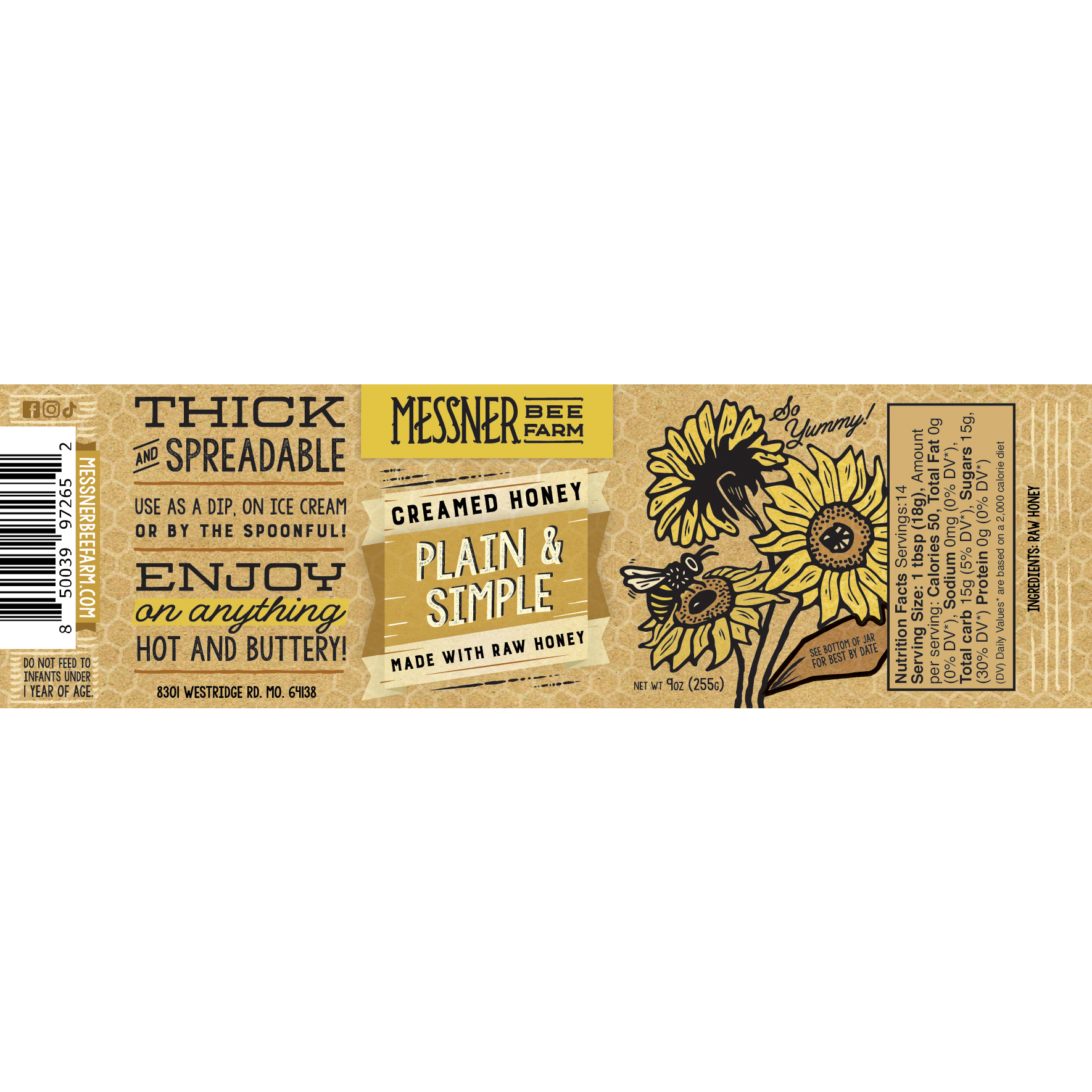 Honey package label with text and a sunflower design on a white background